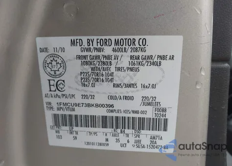 2011 Ford Escape Limited from USA, damaged, VIN 1FMCU9E73BKB00396